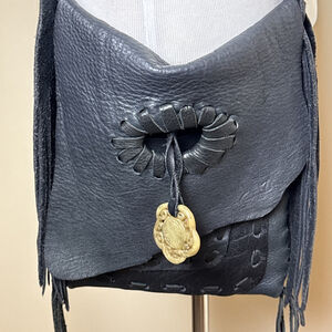 Jimmy WZ Black Fringe Crossbody Hobo Bag Buffalo Finge Jade Charm Rare Ex Cond